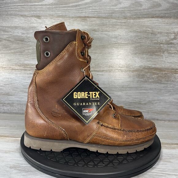 Vintage Timberland Women’s work Brown Two tone Leather Moc Toe Boots Size 7.5 - Picture 3 of 10